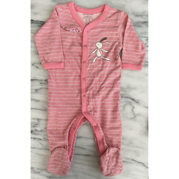 Sage Creek Organics Baby Girl’s Cotton One Piece sz 3 6M Pink Stripe Rabbit Bird - Picture 1 of 6